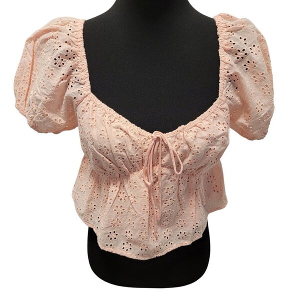 Heatherly Pastel Peach Eyelit Blouson Penelope Crop Top Size M - Picture 5 of 15